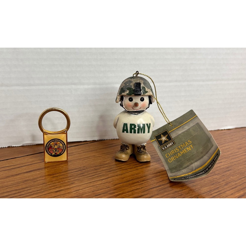 Kurt S Adler US Army Snowman Ornament 2017 & Korea Veterans Keychain Set